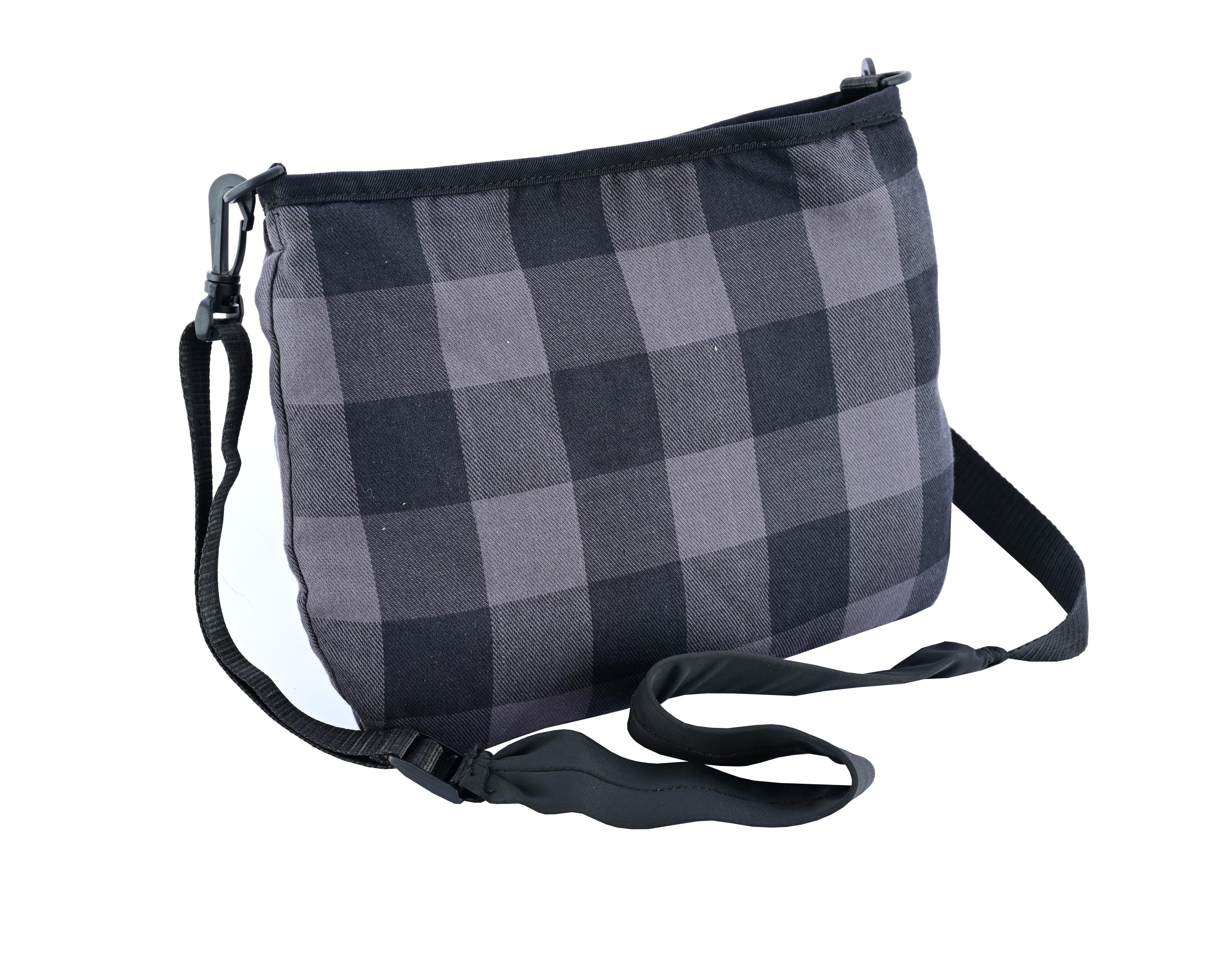 Stylish gray and black LVAD flannel bag with cotton shell, quilted lining, secure pockets, and adjustable strap for comfort.